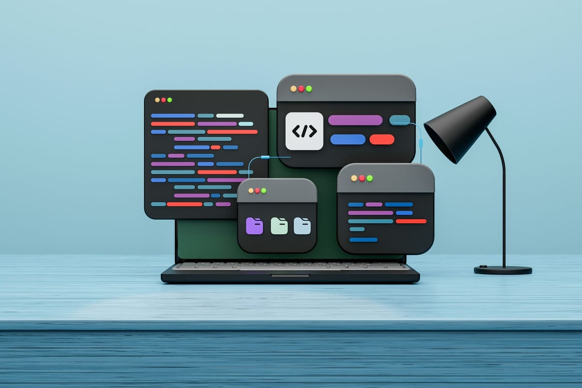 Floating code windows above a laptop