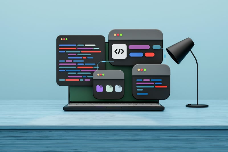 Floating code windows above a laptop
