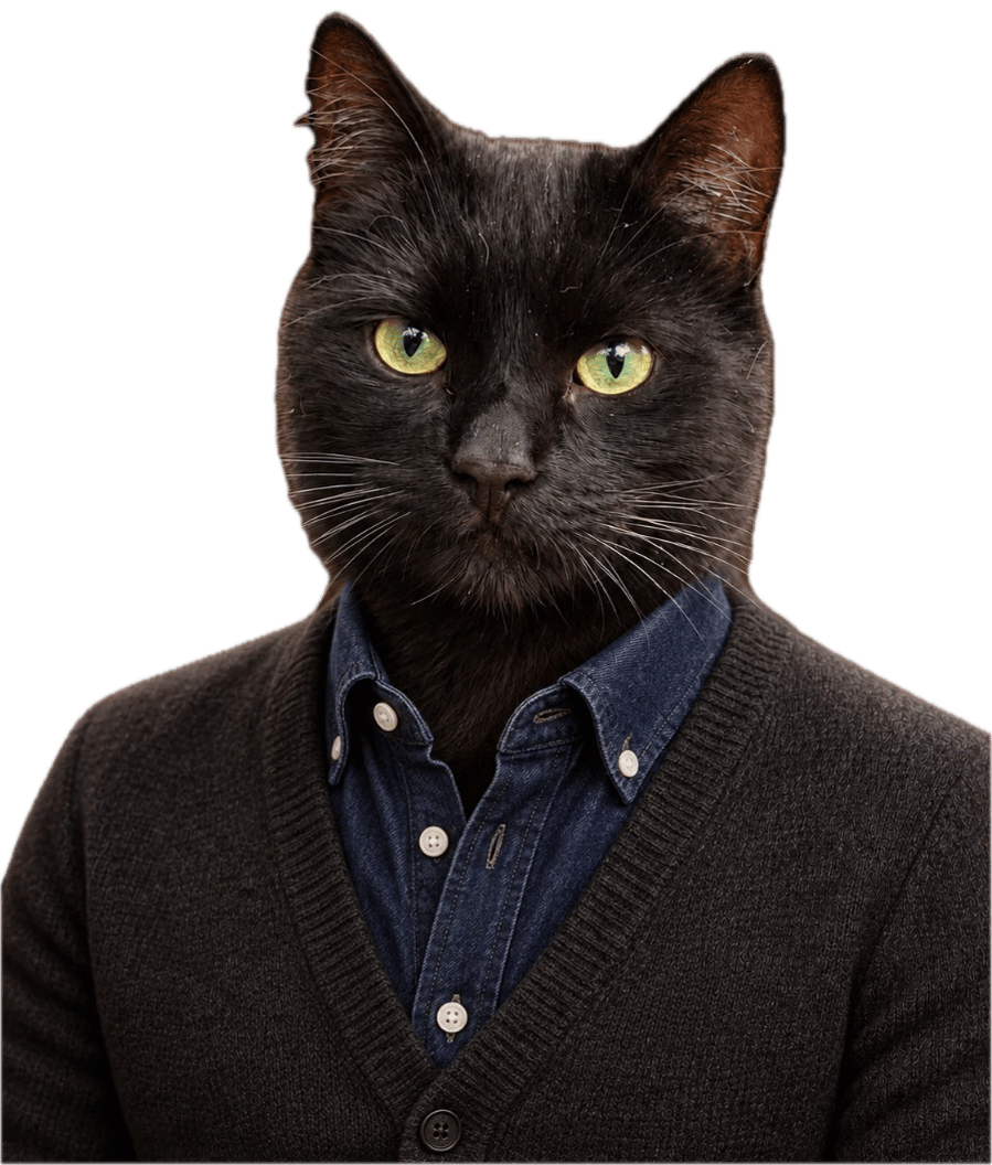 Erik Pawlund: A black cat in a cardigan and a denim shirt