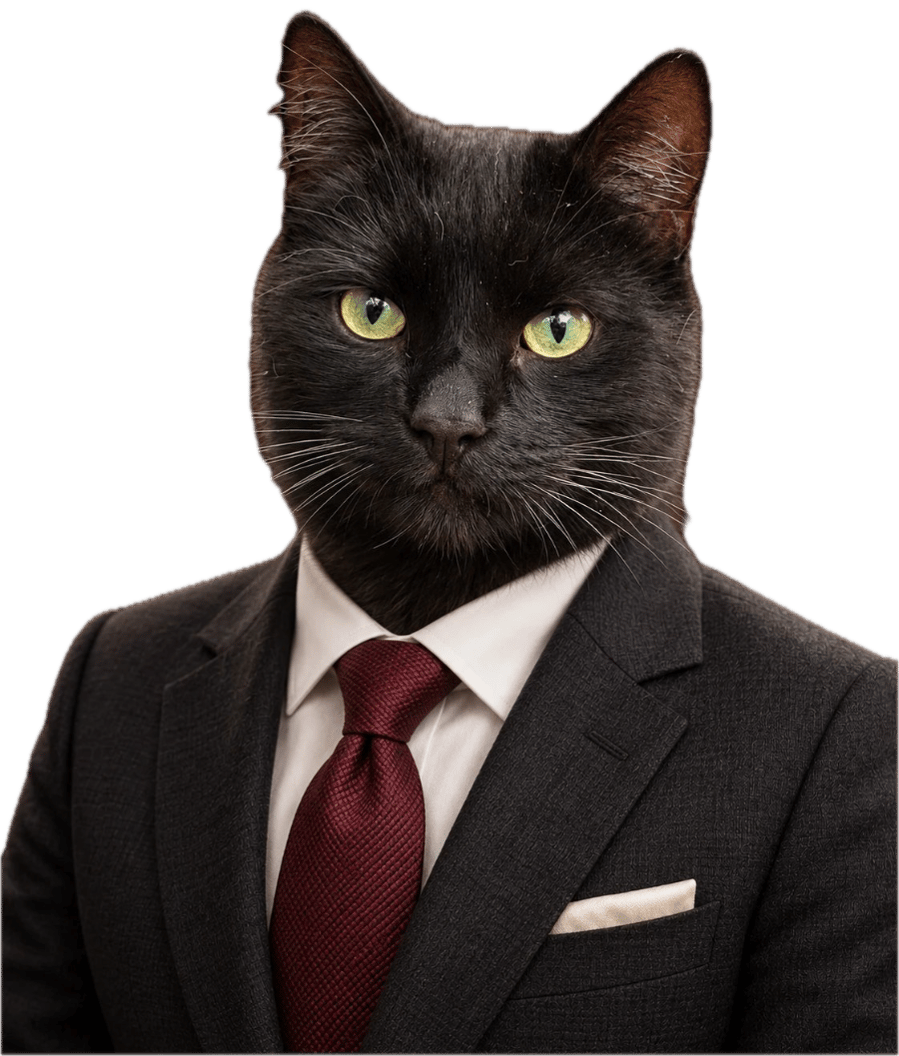 Mats Meowberg: A black cat in a suit and a burgundy tie