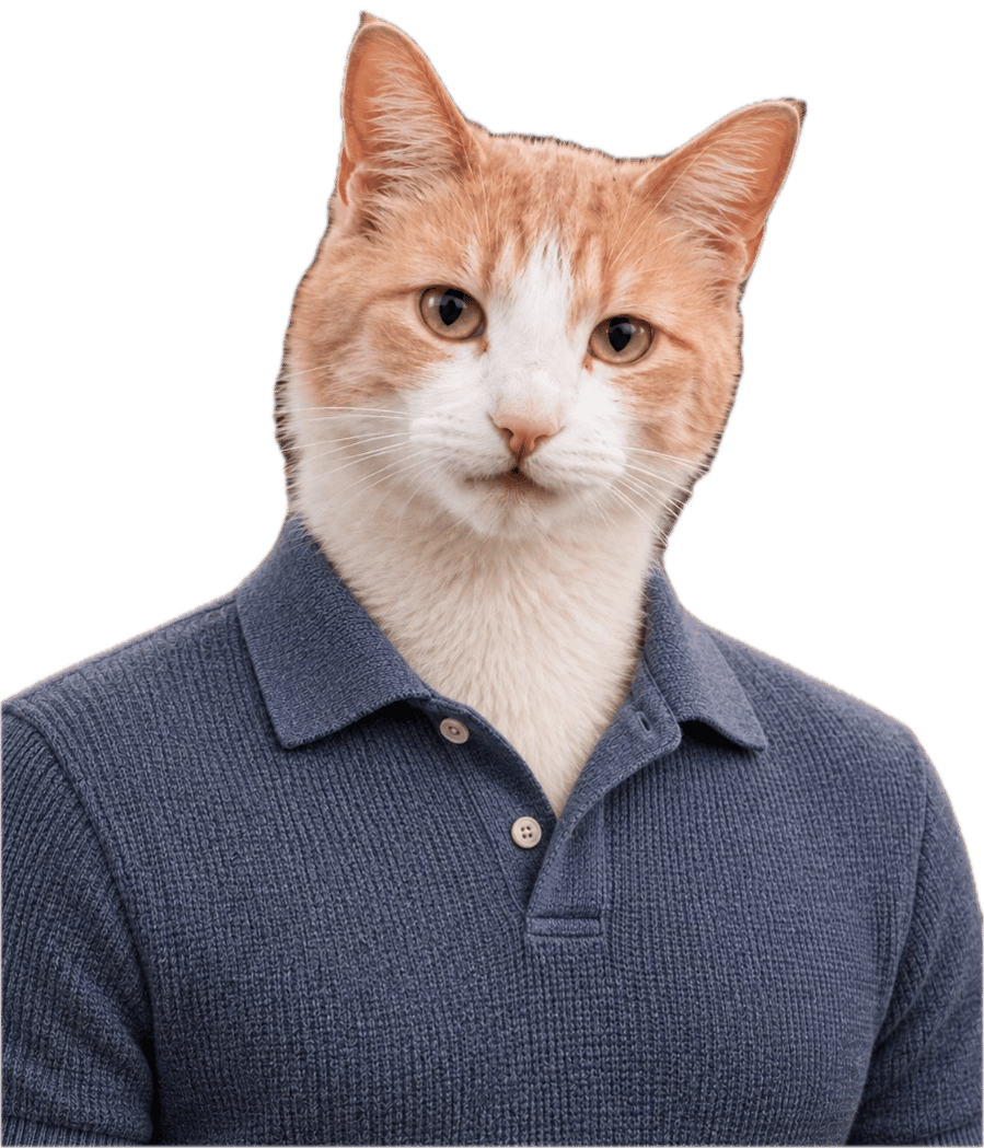 Erik Sandpaw: A ginger cat in a knitted polo