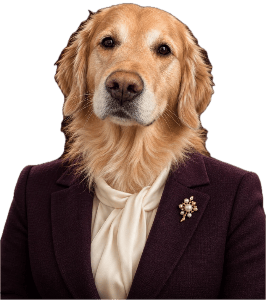 Mats Howlm: A golden retriever in a plum blazer