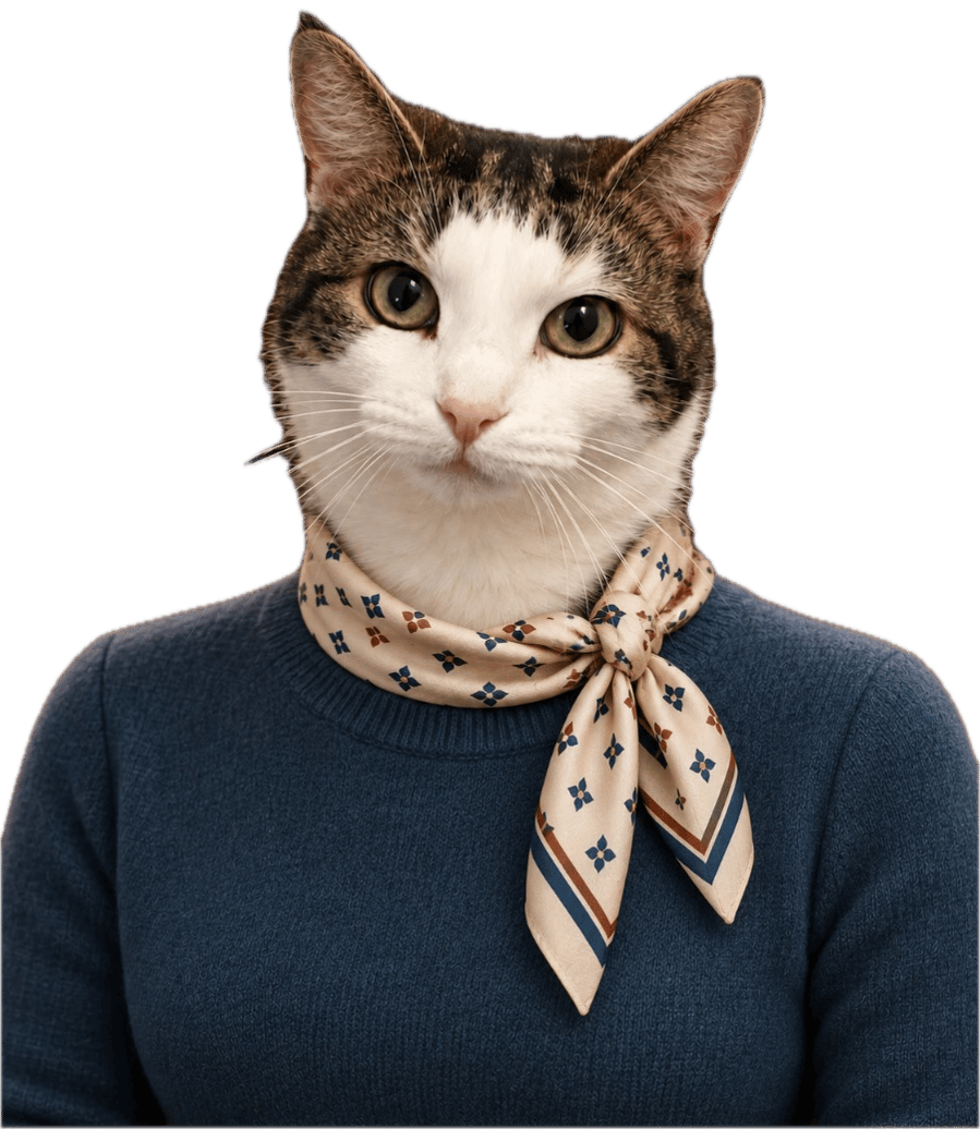 Anna Whiskvik: A tabby and white cat in a silk scarf
