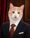 Lukas Lykke: A ginger and white cat in a navy suit and a red tie